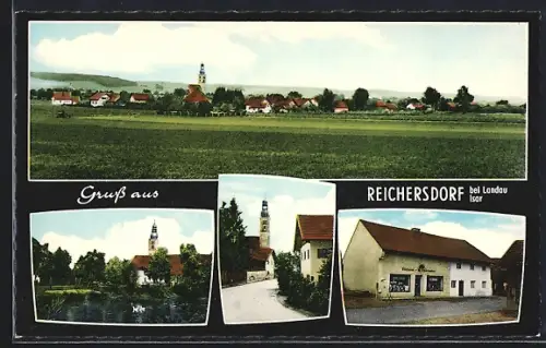 AK Reichersdorf / Isar, Bäckerei W. Obermaier, Kirche, Panorama
