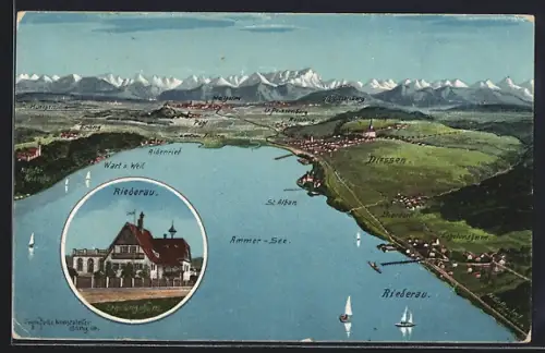 Künstler-AK Eugen Felle: Riederau /Ammersee, Erholungsheim, Panorama mit Diessen, Erling und St. Alban