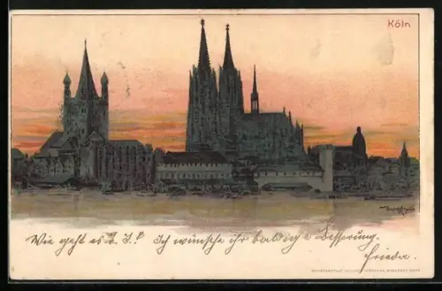 Lithographie Köln, Dom mit Rheinpanorama