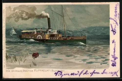 Künstler-Lithographie Zeno Diemer: Dampfer Rupprecht auf dem Bodensee