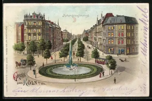 Lithographie Köln-Neustadt, Hohenstaufenring mit Strassenbahn, Halt gegen das Licht