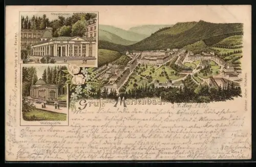 Vorläufer-Lithographie Marienbad, 1893, Waldquelle, Kreuzbrunnen, Panorama