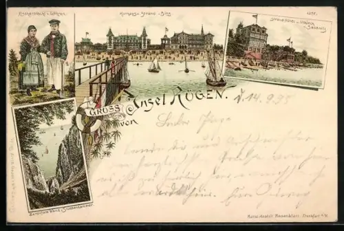 Vorläufer-Lithographie Binz /Rügen, 1895, Kurhaus mit Strand, Fischertracht