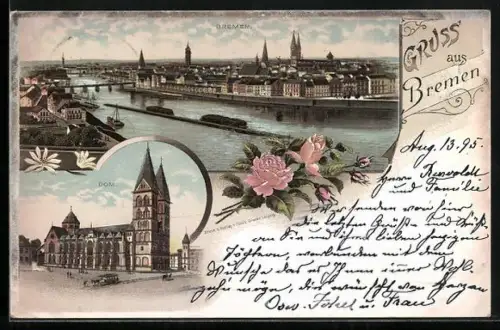 Vorläufer-Lithographie Bremen, 1895, Ortsansicht aus der Vogelschau, Dom