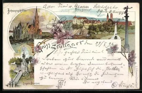 Vorläufer-Lithographie Stuttgart, 1895, Johanneskirche, Altes Schloss, Eugen-Brunnen