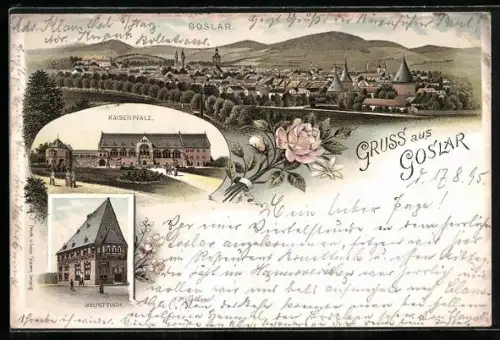 Vorläufer-Lithographie Goslar, 1895, Kaiserpfalz, Brusttuch, Ortsansicht