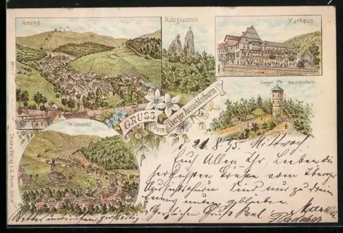 Vorläufer-Lithographie Grund / Harz, 1895, Iberger Aussichtsturm, Kurhaus, Hübigenstein