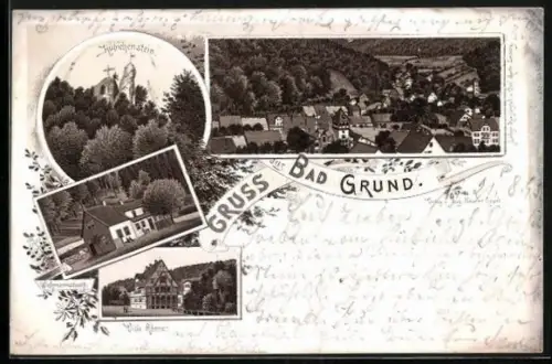Vorläufer-Lithographie Bad Grund, 1895, Hübichenstein, Wichmannsbucht, Villa Römer, Ortsansicht