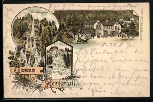 Vorläufer-Lithographie Oker, 1895, Gasthaus Romkerhalle, Wasserfall im Winter