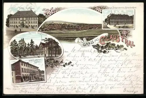 Vorläufer-Lithographie Clausthal, 1895, Panorama, Hotel Rathaus, Kurhaus Voigtslust & Hotel Deutscher Kaiser