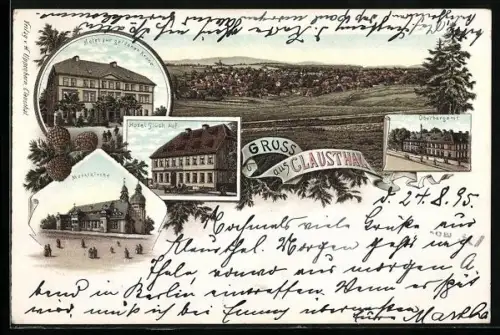 Vorläufer-Lithographie Clausthal, 1895, Hotel zur goldenen Krone, Marktkirche, Oberbergamt, Totalansicht
