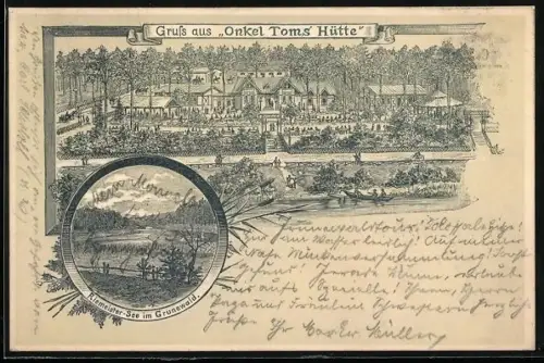 Vorläufer-Lithographie Zehlendorf b. Berlin, 1895, Wirtshaus Onkel Toms Hütte, Riemeister-See im Grunewald