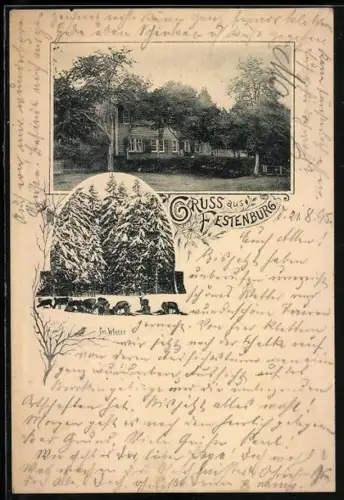 Vorläufer-AK Festenburg, 1895, Gebäudeansicht, Rehe im Winter