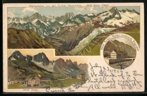 Lithographie Oberwald /VS, Hotel Furka, Panorama von der Furka mit Grimselstrasse, Rhonegletscher und Furkastrasse