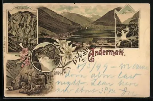 Lithographie Andermatt, Teufelsbrücke, In der Schöllenen, Totalansicht