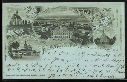 Mondschein-Lithographie Neunkirchen /N. Ö., Evangel. Kirche, Marktplatz, Peterskirche, Rathaus