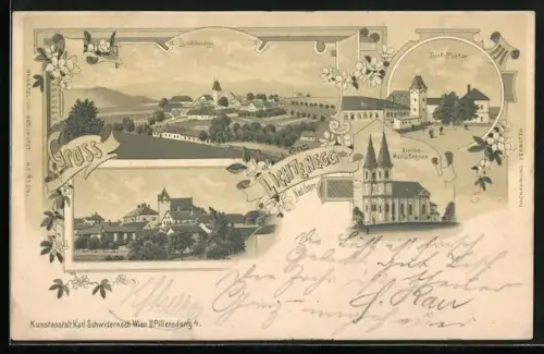 Lithographie Lichtenegg /Nied. Österr., Kirche Maria Schnee, Dorf-Platz, Ortspanorama