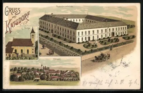 Lithographie Katsdorf, Arbeiter-Reconvalescentenheim, Ortsansidht, Pferdekutsche