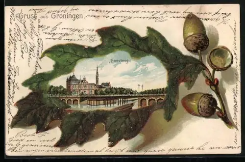 Passepartout-Lithographie Groningen, Blick zur Heeresburg im Eichenblatt