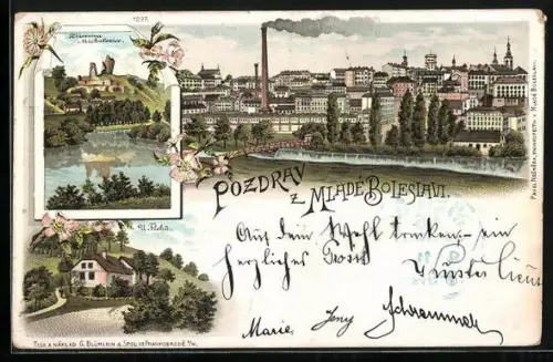 Lithographie Jung Bunzlau / Mlada Boleslav, U Fleku, Ortsansicht