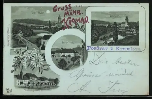 Mondschein-Lithographie Mähr. Kromau, Neue Brücke, Grosser Ringplatz, Bezirkshauptmannschaft