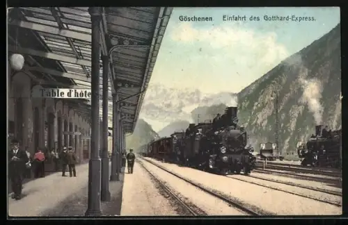 AK Göschenen, Einfahrt des Gotthard-Express, Bahnhof