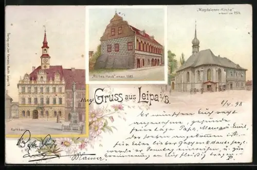 Lithographie Leipa / Ceska Lipa, Magdalenen-Kirche, Rotes Haus, Rathaus
