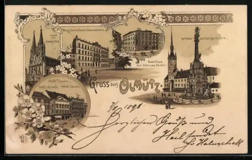 Lithographie Olmütz, Cafe Hirsch u. Hotel Lauer, Domkirche, Rathaus