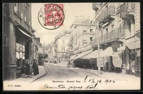 AK Montreux, Grand` Rue, Ansichtskartenverkauf