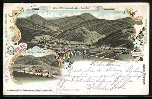 Lithographie Gutenstein /N.-Ö., Gasthof zur Weintraube, Totalansicht mit Bahnhof