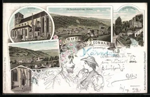 Lithographie St. Leonhard i. Lavantthal, Kirchenportal, Waldenstein, Kirche, Ortsansichten von Westen und Osten