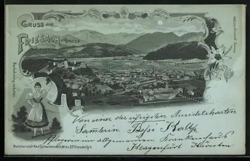 Mondschein-Lithographie Friesach /Kärnten, Ortsansicht mit Bergpanorama im Vollmondlicht