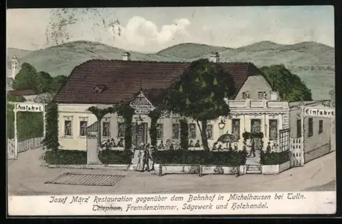 AK Michelhausen bei Tulin, Josef März` Restaurant gegenüber dem Bahnhof