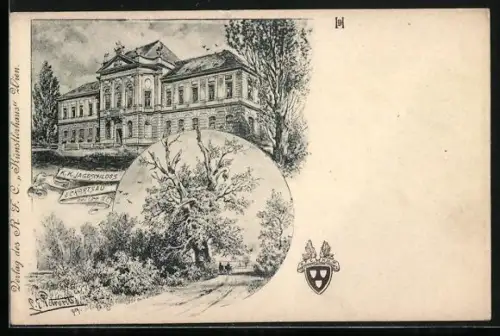 Künstler-AK Eckartsau, Jagdschloss und Partie im Wald