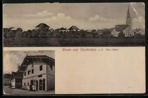 AK Neukirchen an der Enknach, Küchers Handlung, Teilansicht mit Kirche