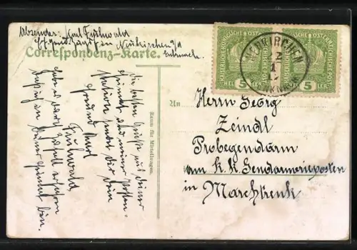 AK Neukirchen an der Enknach, Küchers Handlung, Teilansicht mit Kirche