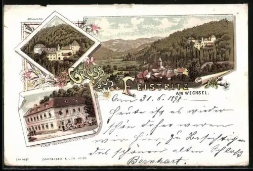 Lithographie Feistritz am Wechsel, Fürst Solkowskirchner Gasthof, Ortsansicht