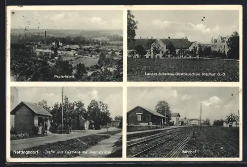 AK Ansfelden, Nettingsdorf, Trafik und Gasthaus zur Kremsbrücke, Bahnhof, Papierfabrik