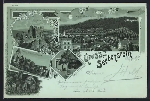 Mondschein-Lithographie Seebenstein, Türkensturz, Bergschloss Seebenstein, Burghof mit Brunnen, Ortsansicht
