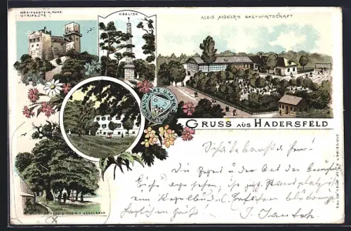 Lithographie Hadersfeld, Alois Aigner's Gastwirtschaft, Obelisk