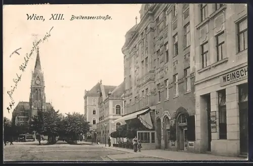 AK Wien-Hietzing, Breitenseerstrasse mit Blick zur Kirche