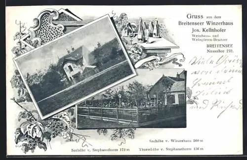 AK Wien, Breitensee, Restaurant Winzerhaus Jos. Kellnhofer Nussallee 232, Passepartout mit Wein