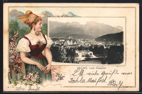 Lithographie Ischl, Ortsansicht vom Gassner, Frau in Tracht