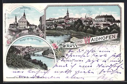 Lithographie Waidhofen a. d. Thaya, Marktplatz, Ortsansicht mit Thayabrücke