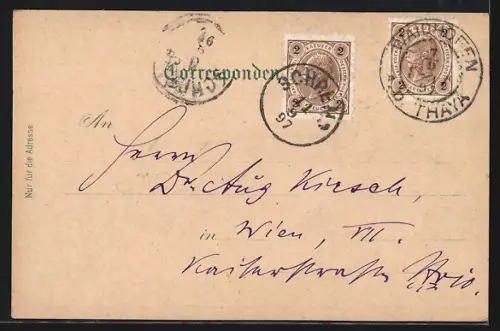 Lithographie Waidhofen a. d. Thaya, Marktplatz, Ortsansicht mit Thayabrücke