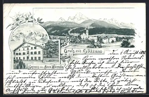 AK Götzens i. Tirol, Gasthaus des Alois Wörndle, Ortsansicht