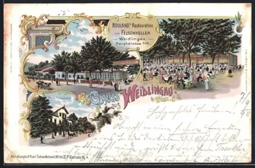 Lithographie Weidlingau b. Wien, Roulands Restauration zum Felsenkeller, Hauptstrasse 144