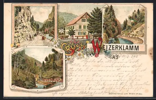 Lithographie Weiz, Weizerklamm, Johann Ebners Gasthaus, Spaziergänger