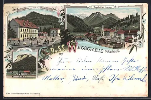 Lithographie Mariazell, Wegscheid mit Graualpe und Spielmäuer
