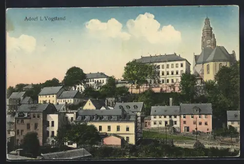 AK Adorf i. Vogtland, Ortspartie mit Blick zur Kirche